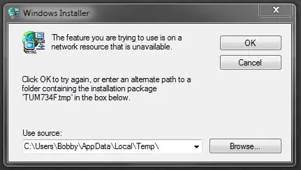 Windows Installer The feature you are trying to use is on a network resource that is unavailable.
