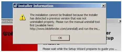 Installer Information The installation cannot be finalized because the installer has detected a previous version that was not uninstalled properly.