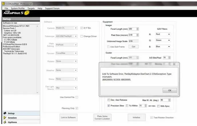 Link to software error, The SkyX Adapter.StarChart 1:COLeException Type mismatch (800200005) SCODE 80020005