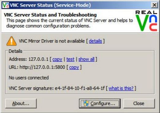 This page shows the current status of VNC Server and helps to diagnose common configuration problems.