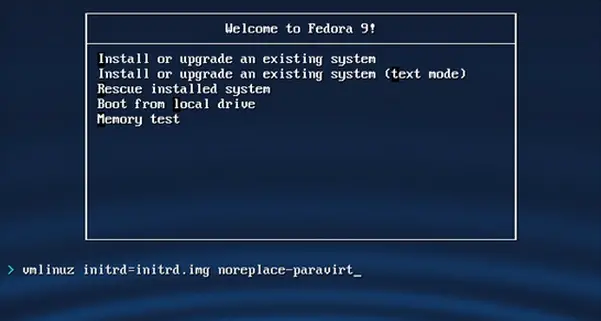 Welcome to Fedora 9! main boot screen