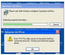 wait while the windows configure Symantec Antivirus. “Error 1714. The older version of Symantec anti-virus cannot be removed