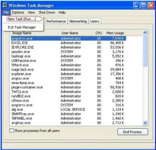Windows task manager screenshot file and new task option