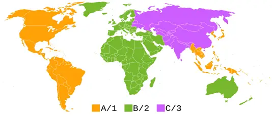 Blu-ray Drive or Blu-ray Players (BDU) regional setting is defined into 3:  A -- North America, Central America, South America, Korea, Japan, Southeast Asia  B -- Europe, Middle East, Australia, Africa, New Zealand  C -- Russia, India, China, Rest of the world.