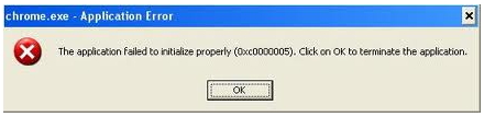 chrome.exe - Application Error The application failed to initialize properly (0xc0000005). Click on OK to terminate the application.