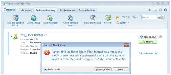 Acronis Time Explorer Cannot find the file or folder,