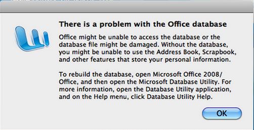 Office might be unable to access the database or the Database file might be damaged