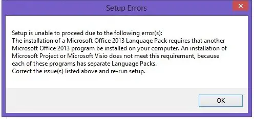 Setup error when trying to install the Microsoft Office language pack -  