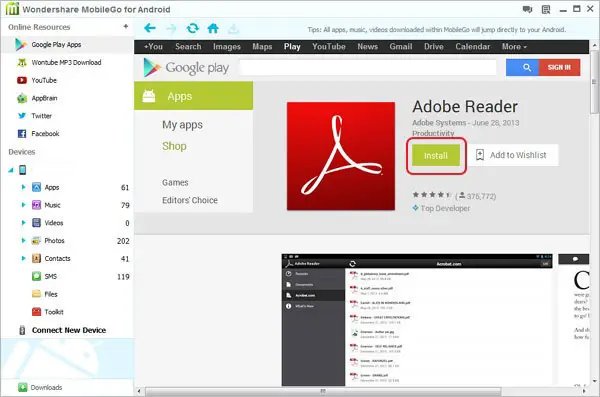 Wondershare-software-window-for-installing-Adobe-Reader