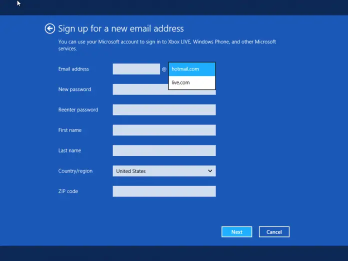 microsoft create account someone example com get a new email address next