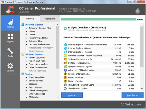 CCleaner analyze