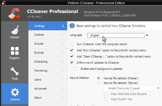 CCleaner change language