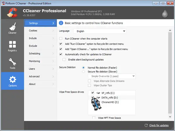 CCleaner wipe free space