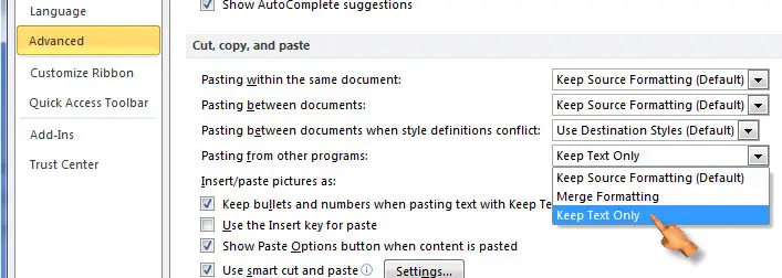 Change Microsoft Office Word copy and paste option