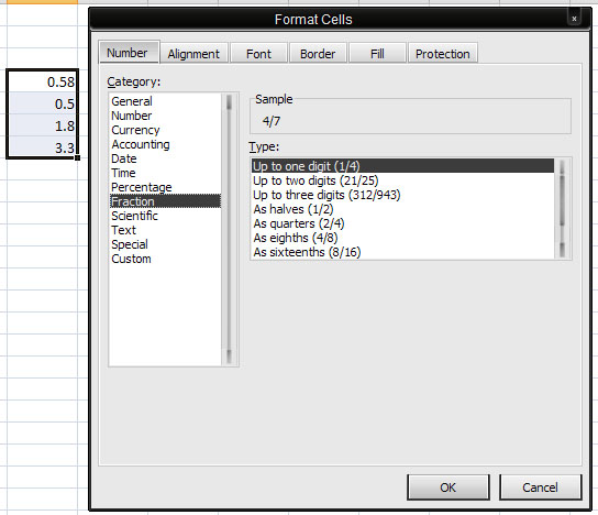 Convert values from decimal to fraction using Format Cells