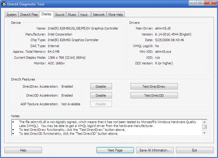 Microsoft DirectX Diagnostic Tool