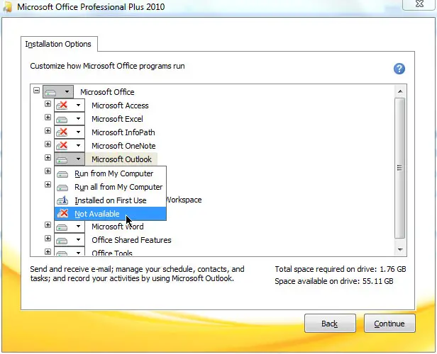 Disable Microsoft Office Outlook