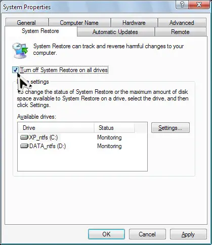 Disabling System Restore