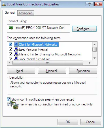 Display network icon in system tray