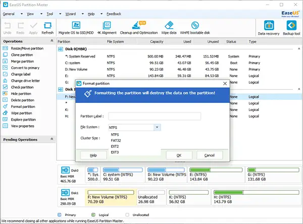 EaseUS Partition Master select EXT2