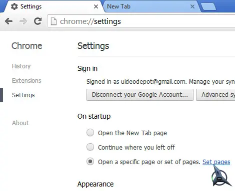 Google Chrome click Set pages