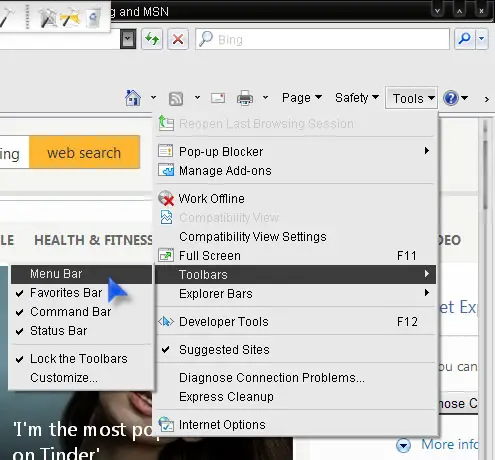 Microsoft Internet Explorer 8 activate menu bar