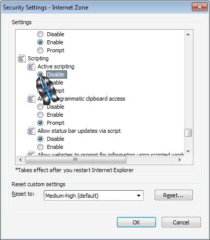 Microsoft Internet Explorer disable JavaScript