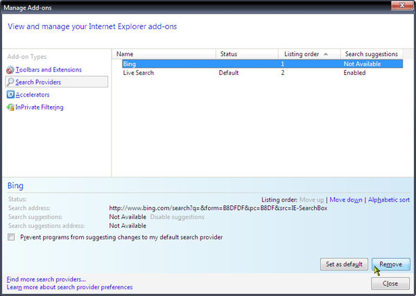 Microsoft Internet Explorer remove Bing