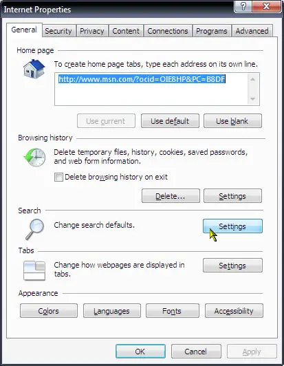Microsoft Internet Explorer search settings