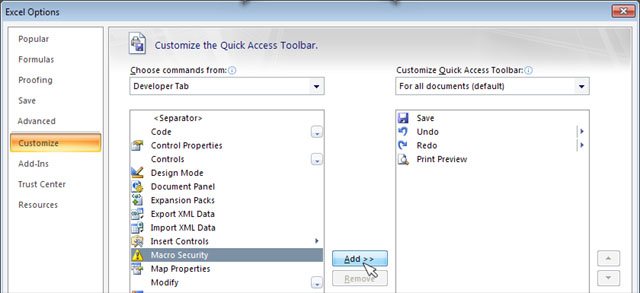 Microsoft Office Excel 2007 add command to toolbar
