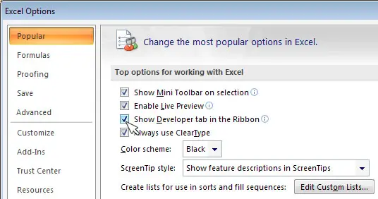 Microsoft Office Excel 2007 enable Developer tab