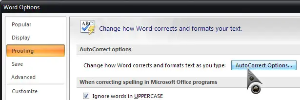 Microsoft Office Word AutoCorrect Options