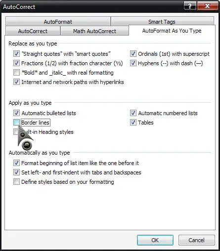 Microsoft Office Word disable border lines