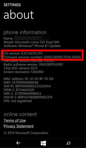 Nokia Lumia OS and firmware version