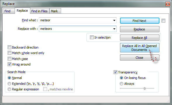 Notepad++ find and replace in all files
