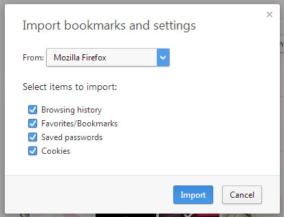Opera Import bookmarks and settings dialog