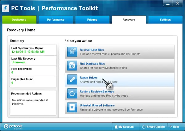 PC Tools repair drives tab first