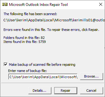 Repair errors in PST file