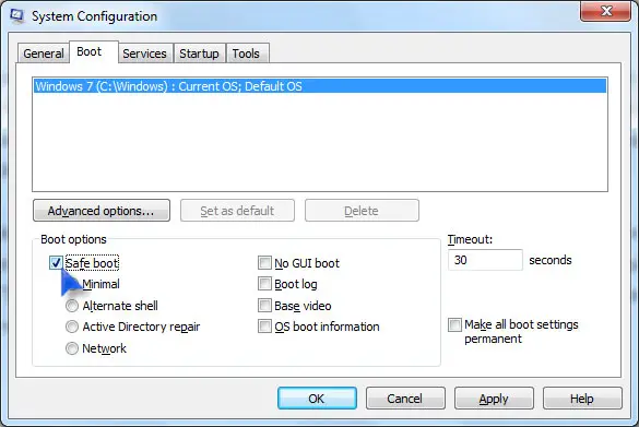 Restart in safe mode using msconfig