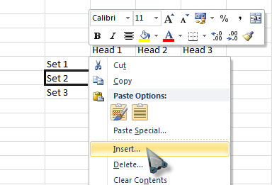 Right-click cell and select Insert