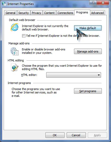 Setting Microsoft Internet Explorer as default browser
