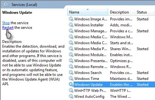 Start or restart the Windows Update service