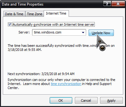 Synchronize time with an internet time server