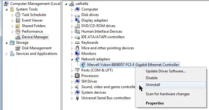 Uninstall network adapter in Device Manager