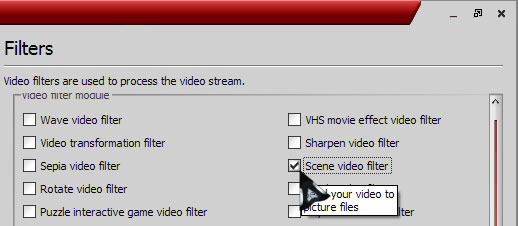 VLC activate Scene video filter