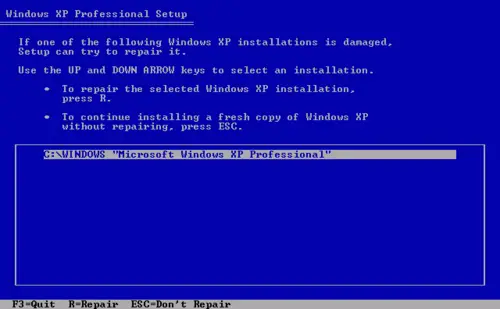 Windows XP select installation